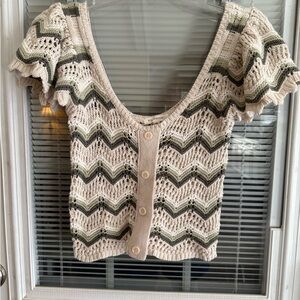 Blu Pepper Chevron Knit Top in Cream and Green Cropped Festival Vibes Retro Boho